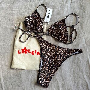 Leopard Print Triangle Bikini Set - Brown